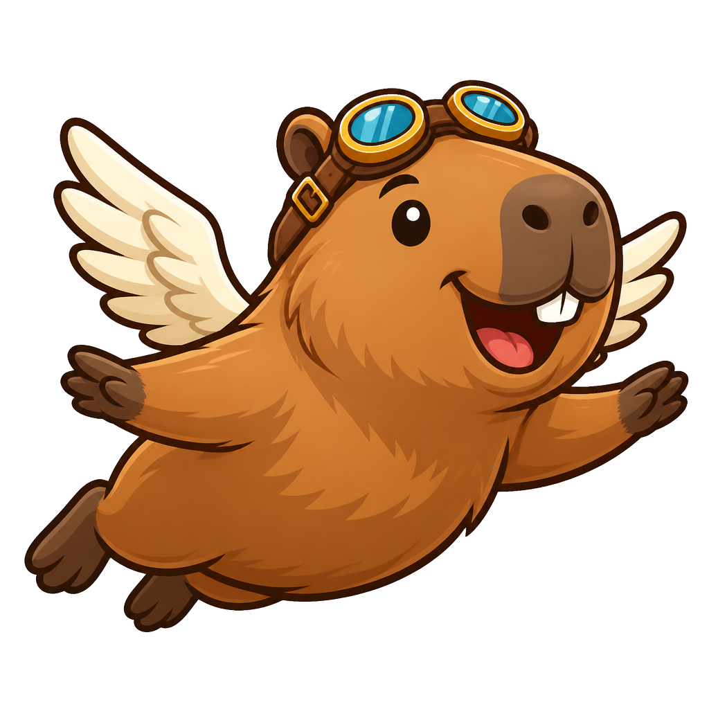 Flapybara, a winged capybara in flight goggles, soaring upward