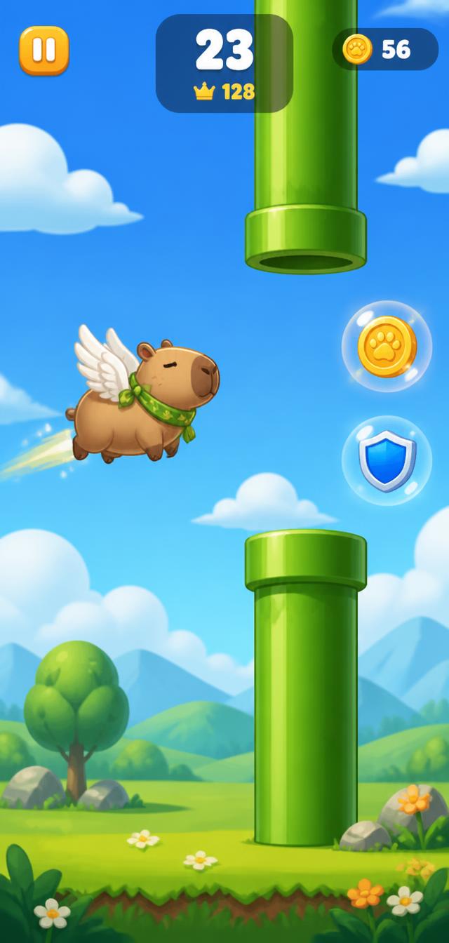 Flapybara gameplay shown on an iPhone: a winged capybara flying between obstacles
